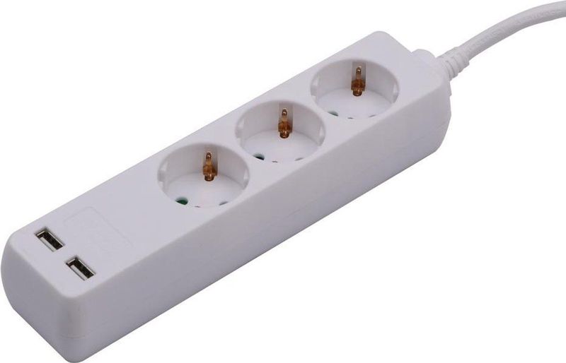 Stekkerdozen - Wit - 3-Weg Socket - 2 USB Poorten