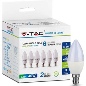 V-TAC VT-2246  E14 Witte LED Lampen - RTL - Kaars - 6PC - Set - IP20 - 5.5W - 470 Lumen - 2700K