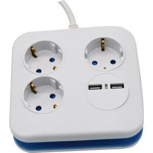 3 Wegs verlengstekkerdozen - USB - IP20 - Wit - 1,4 m draad - Vierkant - Stopcontact - Power Strip
