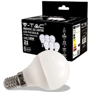 V-TAC Ledlamp, E14, 4,5 W (komt overeen met 40 W), P45-470 lumen, 4000 K, neutraal wit, opening van de lichtbundel 180 graden, maximale efficiëntie en energiebesparing, (6 stuks)