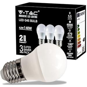 V-TAC Ledlamp met E27-fitting, 4,5 W (komt overeen met 40 W), G45, 470 lumen, maximale efficiëntie en energiebesparing, 4000 K natuurlijk wit licht (doos van 3 stuks)
