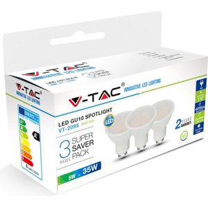 V-TAC LED-lampen GU10, 4,5 W (komt overeen met 35 W), 400 lumen, 3000 K, warmwit, 100 graden, gesatineerde afdekking, maximale efficiëntie en laag verbruik, 3 stuks, VT-2095