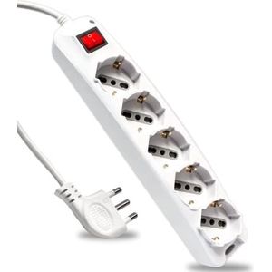 V-TAC Stekkerdoos met schakelaar en 1,5 m lange kabel, 5 stopcontacten, 10/16 A bypass + Schuko-stekker 16 A, stopcontact voor thuis, kantoor, winkel, kleur wit