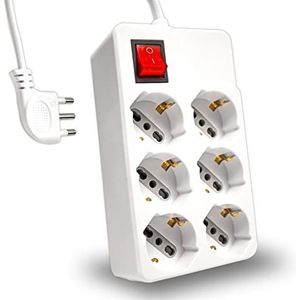 V-TAC Stekkerdoos voor 6-zits met schakelaar en kabel, 1,5 m, 4 stopcontacten voor, 10/16 A Zipasso Shuko, stopcontact voor thuis, kantoor, winkel, stekker 16 A, wit