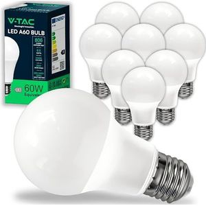 V-TAC 10 x ledlampen met E27-fitting, 8,5 W (komt overeen met 60 W) A60-806 lumen, 6500 K, koelwit, 200° bundelbreedte, maximale efficiëntie en energiebesparend, VT-2099-10