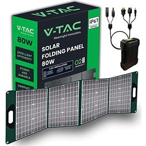 V-TAC Draagbaar zonnepaneel, opvouwbaar, universeel, 80 W, monokristallijn, Charge Power Station, solarkabel en XT60+DC-aansluiting, USB-A- en type-C-aansluitingen, IP67 waterdicht
