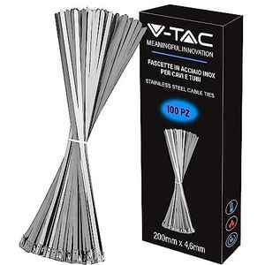 V-TAC Kabelbinders van roestvrij staal voor kabels 4,6 mm x 200 mm, verpakking van 100 stuks, multifunctionele kabelbinders, kabelhouder voor elektriciens, monteurs, ijzeren buizen