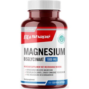 Fit&Shape Magnesium Bisglycinaat 1000- pot met 120 Vcaps -Hoog gedoseerde magnesium supplement (1000mg in 2 capsule) Waarvan 200mg (elementaire gehalte magnesium)