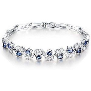 Crystalline Azuria Dames 18 kt Witgoud Vergulde Tennisarmband met Blauwe Gesimuleerde Saffier Zirkonia Kristallen 19 cm