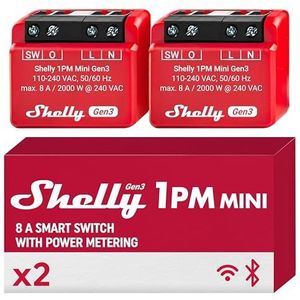 Shelly 1PM Mini Gen3, wifi- en bluetooth-smart-switch-relais, 1 kanaal, 8 A met prestatiemeting, domotica, compatibel met Alexa en Google Home, iOS-Android-app (verpakking van 2 stuks)