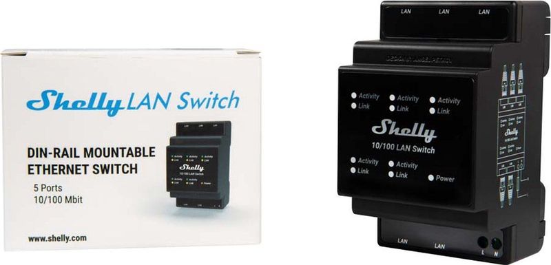 Shelly - LAN Switch - LAN-Schakelaar - DIN-Railmontage - 5 RJ45-Poorten