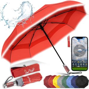 Paraplu, zakparaplu, stormvast, automatisch op en neer te zetten, dubbele afdekking, klein, stabiel scherm, reflecterend met luxe echt houten handvat, voor dames en heren, rood