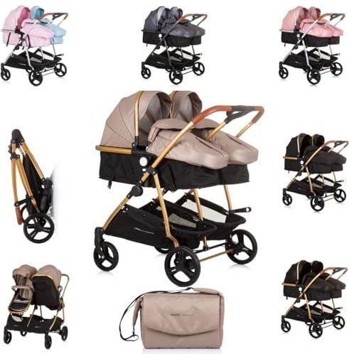 Chipolino Geschwisterkinderwagen Duo Smart klappbar umbaubar verstellbar Fußsack beige/braun