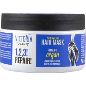 Victoria Beauty 1,2,3! Repair! Rescue Me Haarmasker 250 ml – Intensieve SOS Zorg voor Beschadigd Haar – Met Biologische Arganolie, Braziliaanse Keratine, Biotine & Voedend Oliecomplex