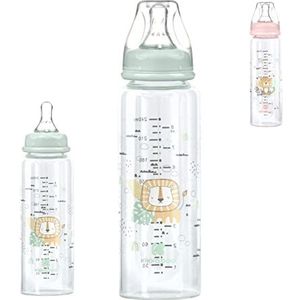 Kikkaboo Baby glazen fles Savanna 240 ml, siliconen zuiger maat M, anti-kolik, kleur: groen