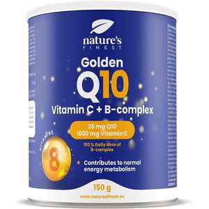 Nature's Finest Golden Q10 Poeder 150 g – Met Co-enzym Q10, Vitamine C & B-complex – Voor Energie, Immuunsysteem & Celbescherming – Vegan, Zonder Suiker, Heerlijke Sinaasappelsmaak