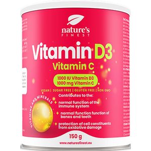 Nature's Finest Vitamine D3 + C Poeder 150g – Hoge Dosis Vitamine D3 1000 IU & Vitamine C 1000mg - Immuunsysteem Ondersteuning - Tegen Vermoeidheid - Zonder Suiker - Vegan