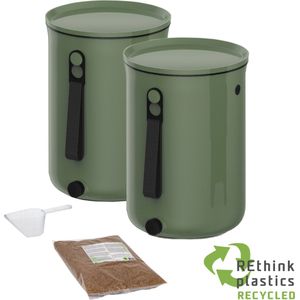 Skaza 2 stuks Bokashi Organko 2 (9,6 l) | bekroonde keukencompostbak van gerecycled kunststof | starterset voor keukenafval en compost | met gistingsactivator 1 kg (olijf)