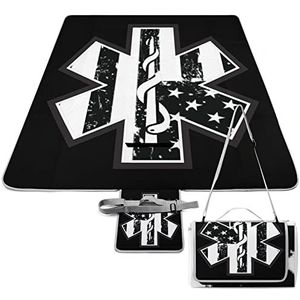 Amerikaanse vlag met EMS Star of Life Picknickdeken Opvouwbare en draagbare vierkante outdoor picknickmat met draagriem voor camping park
