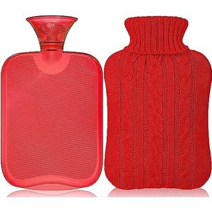 Attmu Klassieke rubberen transparante warmwaterfles 2 liter met gebreide hoes - rood