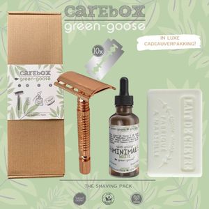 green-goose® Scheerset | CareBox Shave Pack | Rozegoud Klassiek Scheermes | 10 Scheermesjes | Scheerolie | Verzorgende Geitenmelkzeep |