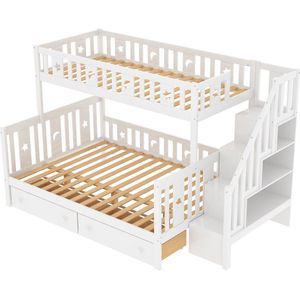 Merax Stapelbed 90x200 Inclusief Bed 140x200 - Hoogslaper met Opbergruimte en Trap - Wit