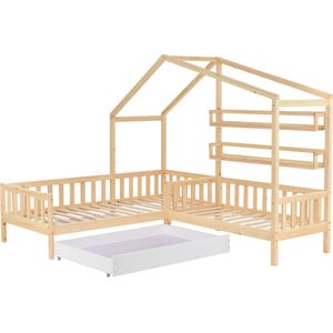 Merax L-vormig Kinderbed voor Twee Personen - Huisbed met Opbergruimte - Bed - Naturel