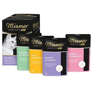 MIAMOR - Fijne netten in Jelly Multibox - Fijne selectie - Natvoer voor volwassen katten met stukjes gelei filet - Vetarm voedingssupplement in vershoudzak zonder