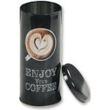 Kesper Koffie bewaarblik voor pads - Enjoy your coffee - metaal - zwart - drukdeksel - D8 x H17 cm
