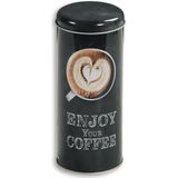 Kesper Koffie bewaarblik voor pads - Enjoy your coffee - metaal - zwart - drukdeksel - D8 x H17 cm