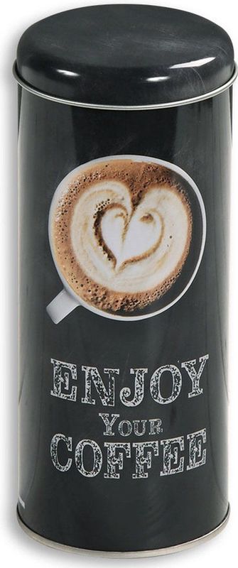 Kesper Koffie bewaarblik voor pads - Enjoy your coffee - metaal - zwart - drukdeksel - D8 x H17 cm