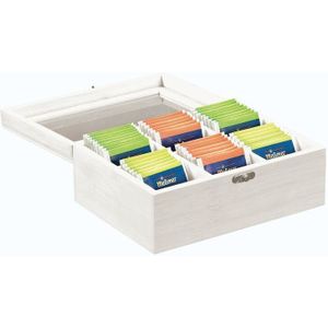 Theedoos - 6-vaks - wit - bamboe hout - 21 x 16 x 9 cm - theekist - kunststof kijkvenster