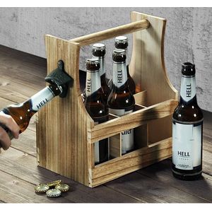 Kesper Flessenhouder van hout voor 6 bierflessen inclusief bieropener, 25 x 29 x 17 cm, 69266