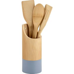 Keukengerei lepels set 3-delig - 31 cm - in houder - bamboe - lichtbruin/blauw - Keukengerei