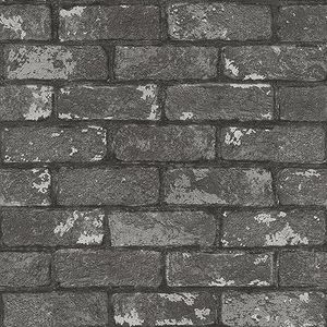 Rasch Behang 278224 - Papierbehang met steenlook, bakstenen in donkergrijs met 3D-look - 10,05m x 0,53m (L x B)