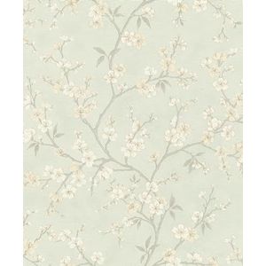 Rasch Behang 456769 - Lichtgroen vliesbehang met kleine, delicate bloemen in beige en wit uit de collectie Country Charme