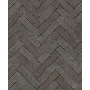 Rasch Behang 499162 - vliesbehang in zwart met visgraatpatroon en steenlook uit de Factory V collectie