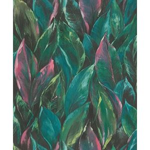 Rasch Behang 537352 - vliesbehang met grote bladeren in groen en roze uit de Curiosity collectie - 10,05m x 0,53m (LxB), turquoise