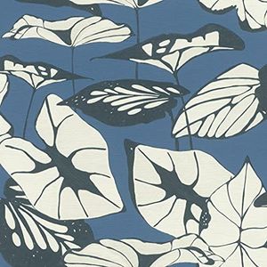 Rasch Behang 539653 uit de collectie Amazing vliesbehang met lotusbladeren in antraciet op donkerblauwe achtergrond met lichte structuur - 10,05 m x 53 cm (l x b) behang, blauw