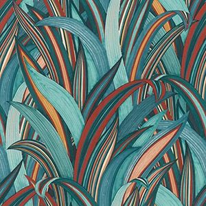 Rasch Behang 541250 uit de collectie Amazing vliesbehang met bladermotief in roestbruin, rood en petrolblauw met textielstructuur - 10,05 m x 53 cm (l x b) behang