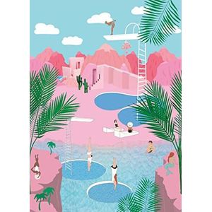 Rasch Behang 557596 - fotobehang op vlies met geïllustreerde zwembadscène in retrostijl in roze en turquoise - Studio Onszelf - 2,80 m x 2,00 m (l x b)