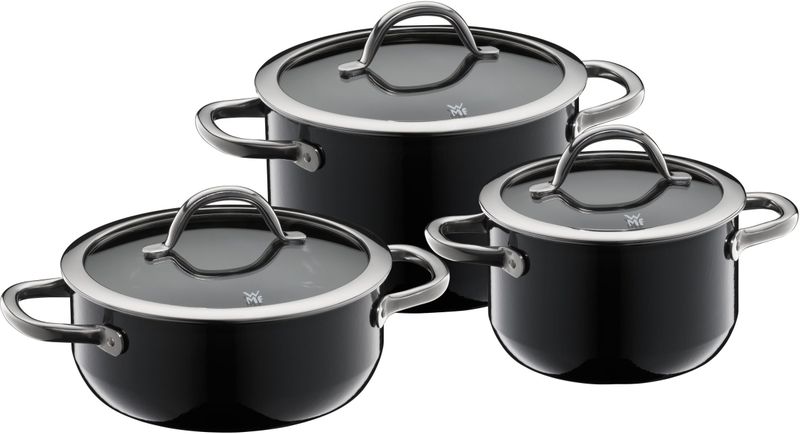 WMF Fusiontec Inspire Pannenset, 3-delig, kookpannenset met glazen deksel, high-tech keramiek, krasbestendig, ongecoat, zwart, Made in Germany
