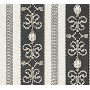 A.S. Création Behang Concerto 3 met ornamenten barok gestreept 10,05 m x 0,53 m metallic zwart Made in Germany 891334 8913-34