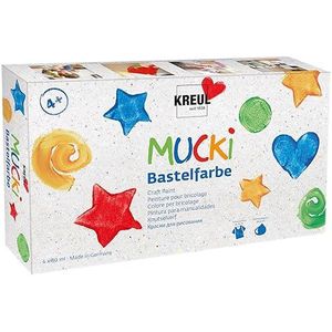 KREUL 24160 - Mucki knutselverf, 6 x 80 ml in wit, geel, rood, blauw, groen en zwart, kinderverf op waterbasis, parabeenvrij, glutenvrij, lactosevrij, veganistisch, afwasbaar