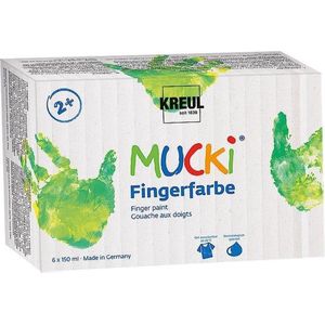 KREUL 2316 - Mucki Set van 6 x 150 ml vingerverf Veganistische verf zonder parabenen, gluten en lactose Afwasbaar en toepasbaar met vinger en penseel Heldere kleuren