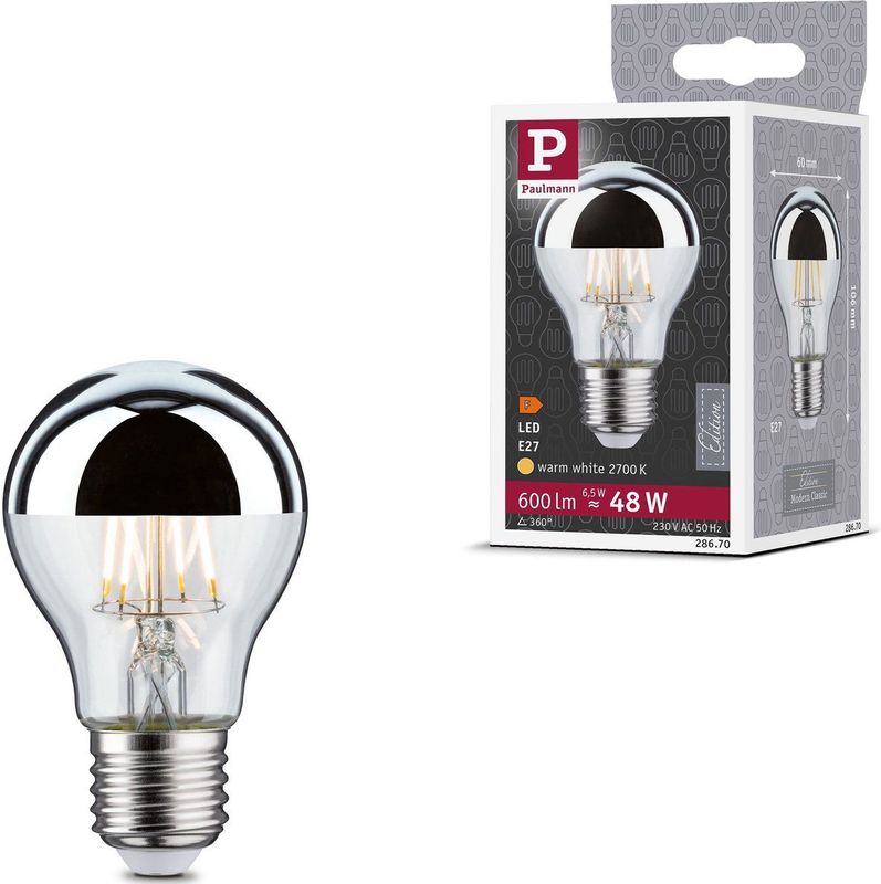 Paulmann - 28670 LED Lamp Filament AGL 6,5W - Kopspegel - Zilver - 2700K Warmwit