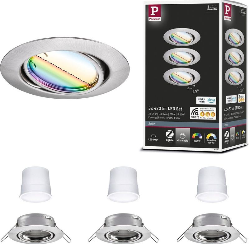 Base - Inbouwspots - Staal Geborsteld - 3x4,9W - RGBW-Zigbee 3.0