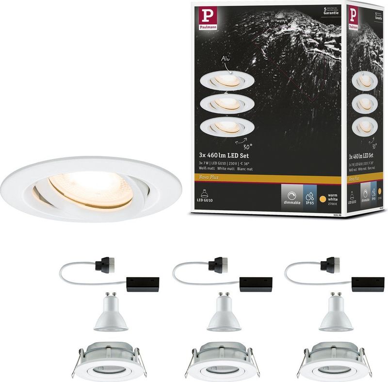 Paulmann - Nova - Inbouwspot - Wit - Set van 3 - IP65 - Zwenkbaar - GU10 - Straalwaterdicht
