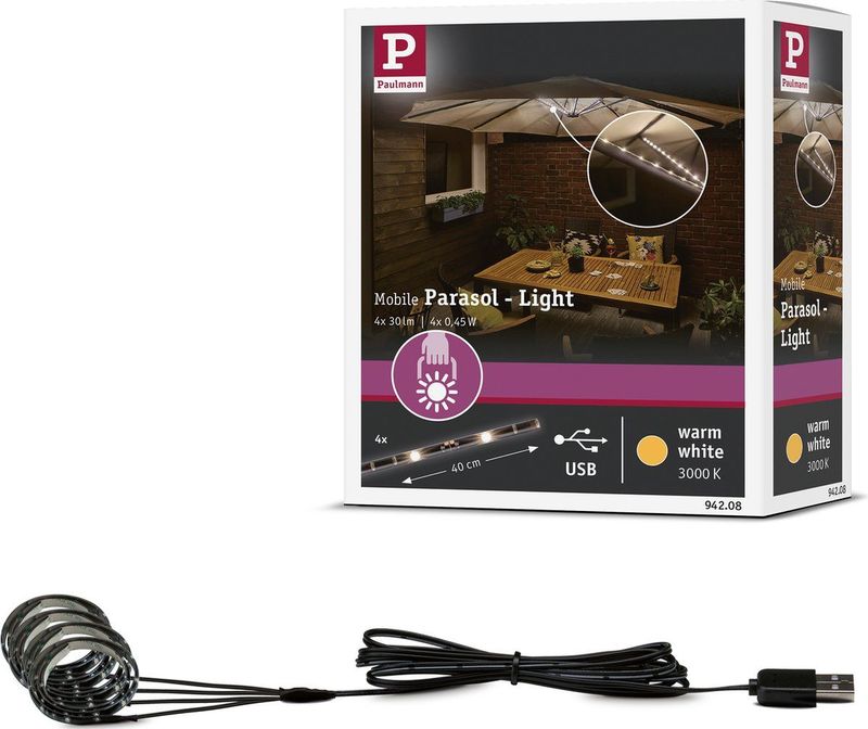 Paulmann LED-Lichterkette »Outdoor Mobile Parasol light 3000K 4x0,4m«, 4 St.-flammig, Schirmbeleuchtung