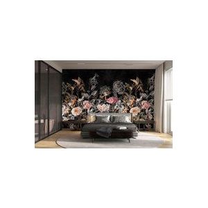 Fotobehang Grote Bloemen - Zwart - Roze - Vergrijsd Oranje - Zalm - Grijs - Taupe - 3,40m X 318cm | Fotobehang